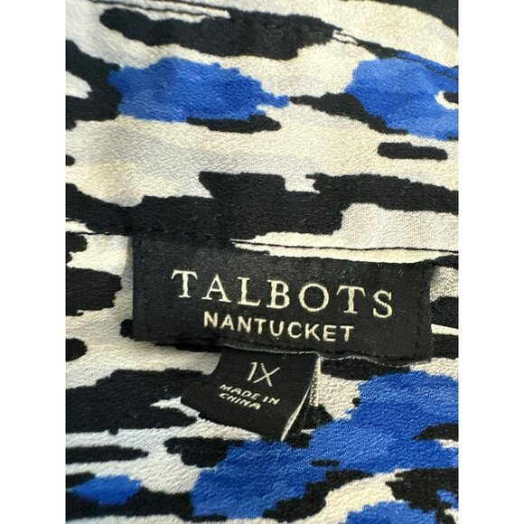 Talbots Nantucket Womens Button-Down Blouse 1X Blue/Black Animal Print Mob Wife - Picture 2 of 5
